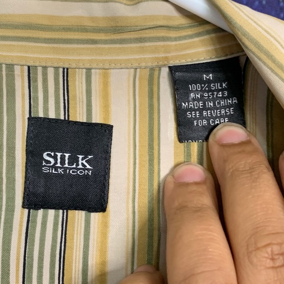 Silk- Yellow Striped Button Up Shirt size Medium - Picture 3 of 4